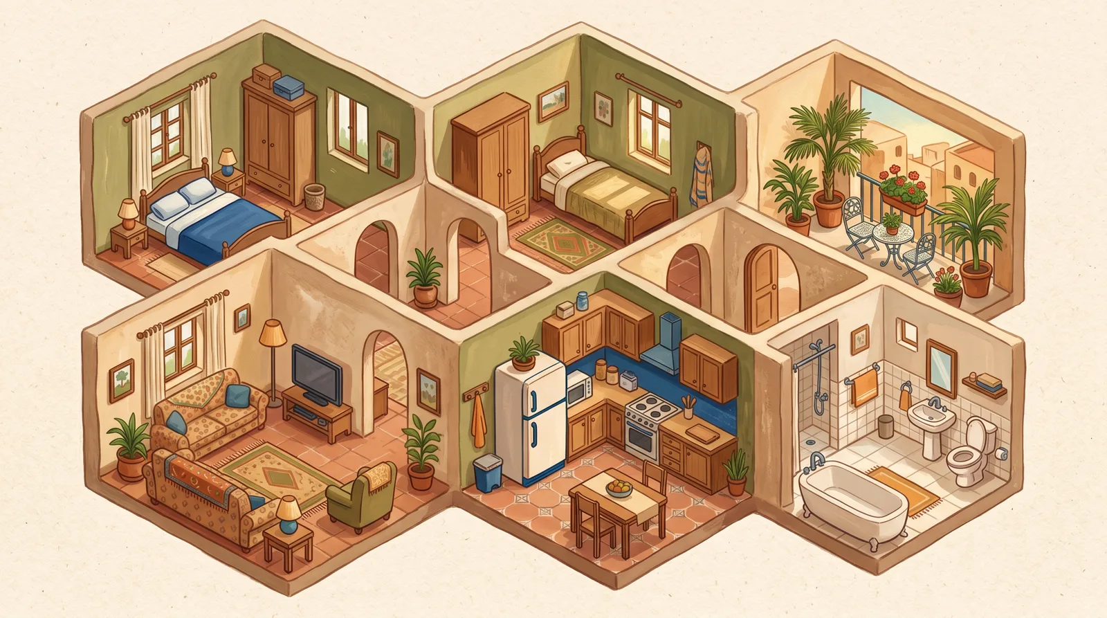 An apartment seen from above: a kitchen, two bedrooms with beds, a bathroom, a living room with a sofa, and a balcony.
