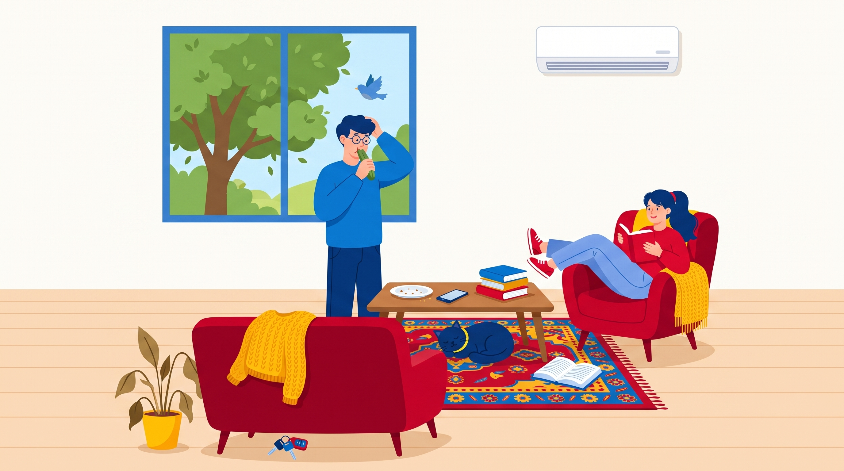 A living room: a tree and a bird outside the window, a plate on the table, a carpet, a plant, a blouse on the sofa, and keys under it.